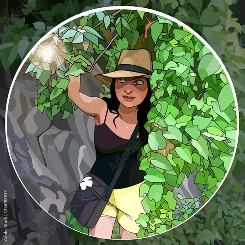 cartoon woman traveler sneaks through the jungle