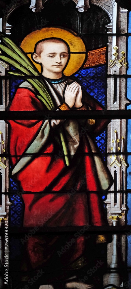 Saint martyr, stained glass window in Saint Severin church in Paris, France 