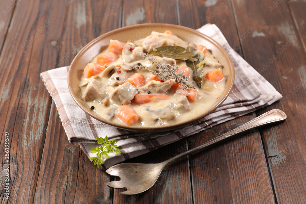 blanquette de veau, veal stew with sauce and vegetable, french gastronomy blanquette de veau, veal stew with sauce and vegetable, french gastronomy
