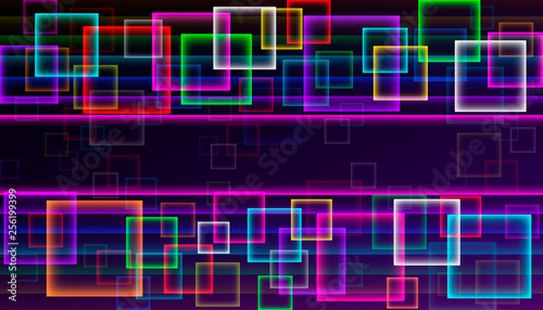 Abstract vector background with multicolor bright neon cquares and with place for text.
