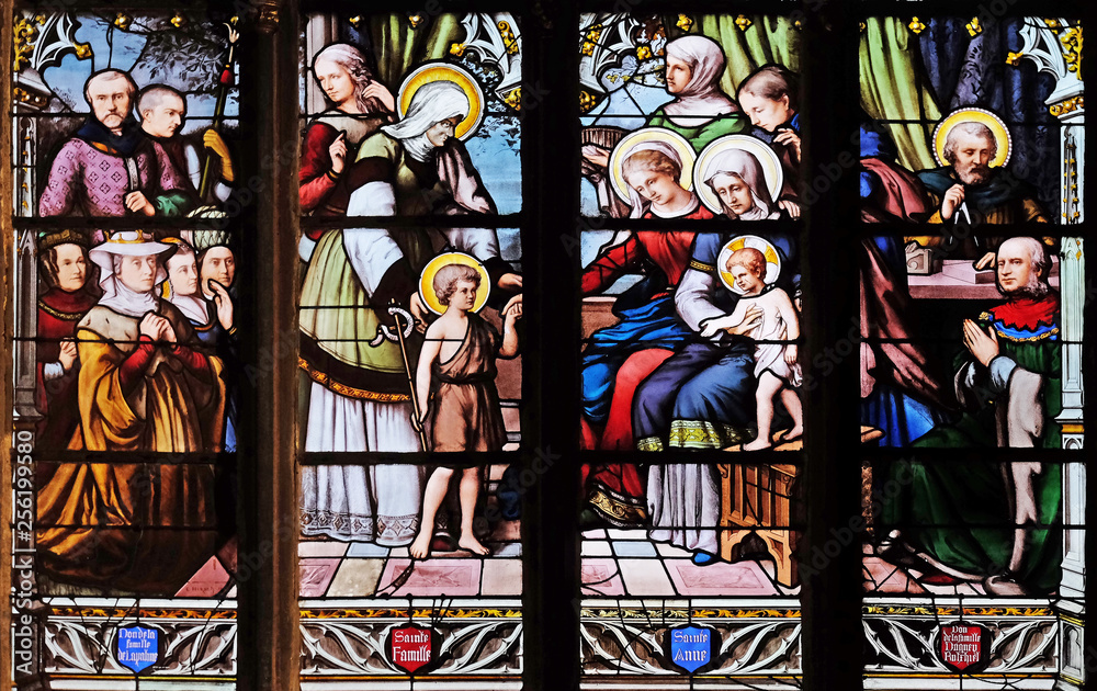 St. John the Baptist introduced by his mother, St. Elizabeth, the Infant Jesus and the Holy Kinship, stained glass window in Saint Severin church in Paris, France