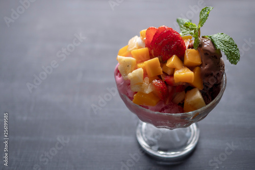 Ice cream with fruit in the outlet photo