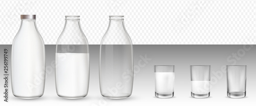Set of realistic glasses and bottles with a milk.