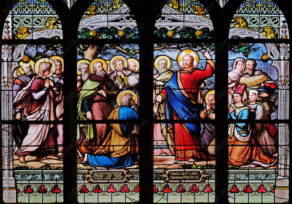 Jesus gives Peter the keys to the Kingdom, stained glass window in Saint Severin church in Paris, France 
