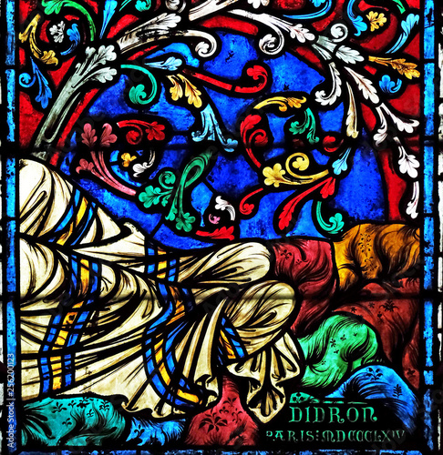 Stained glass window signed by Didron and dated 1864 (?), Date of the end of the restoration campaign entrusted to Viollet-le-Duc, Notre Dame Cathedral in Paris