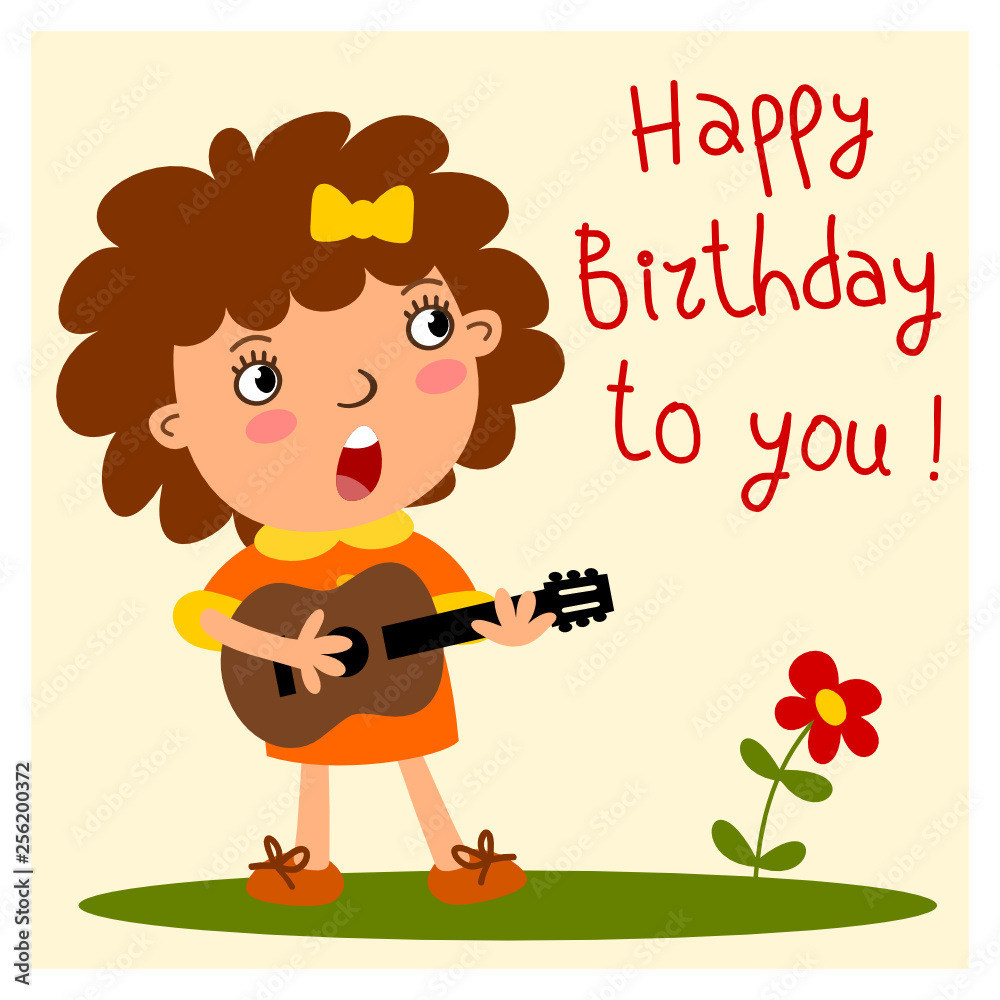Funny girl with guitar in cartoon style sings the song Happy birthday to  you. Stock Vector | Adobe Stock
