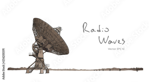 Radio telescope dishes antenna. Vector sketch draw