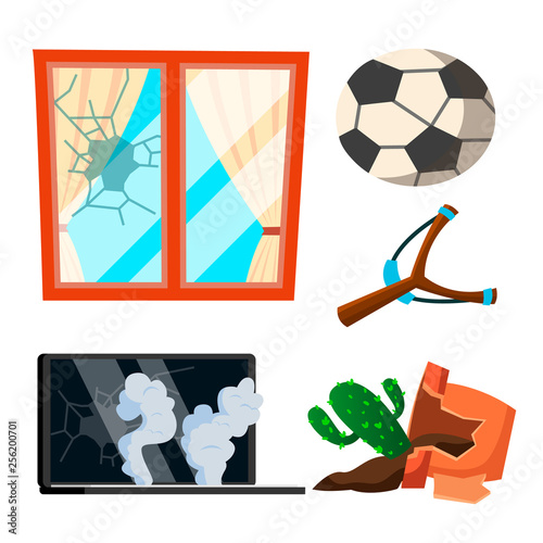Soccer Broken Window, Pot With Flowers, Notebook Vector. Cartoon Illustration