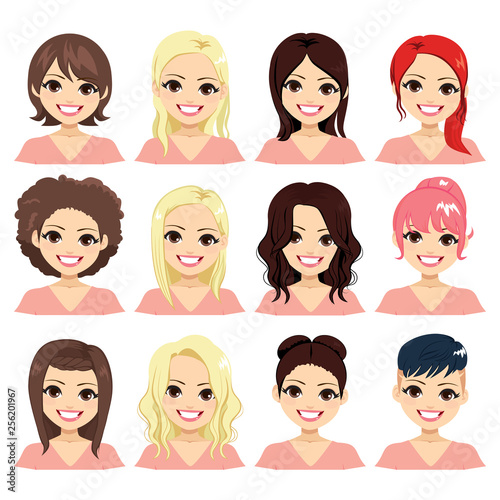 Set of woman with different hair color and hairstyle