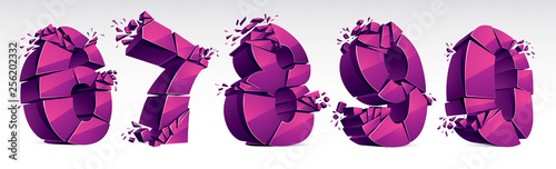 3D realistic pink numbers set 6 7 8 9 0 vector illustration, breaking to pieces digits over white symbols collection.