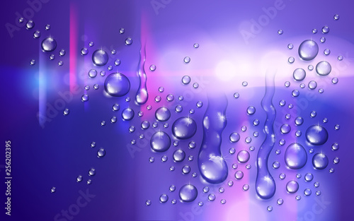 Water rain drops or condensation over blurred night city background beyond the window  realistic transparent 3d vector illustration  easy to put over any background.
