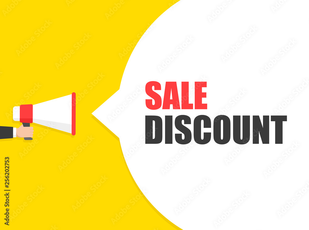 Male hand holding megaphone with sale discount speech bubble. Loudspeaker. Banner for business, marketing and advertising. Vector illustration. Male hand holding megaphone with sale discount speech bubble. Loudspeaker. Banner for business, marketing and advertising. Vector illustration.