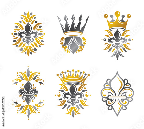 Royal symbols Lily Flowers, floral and crowns, emblems set. Heraldic vector design elements collection. Retro style label, heraldry logo.