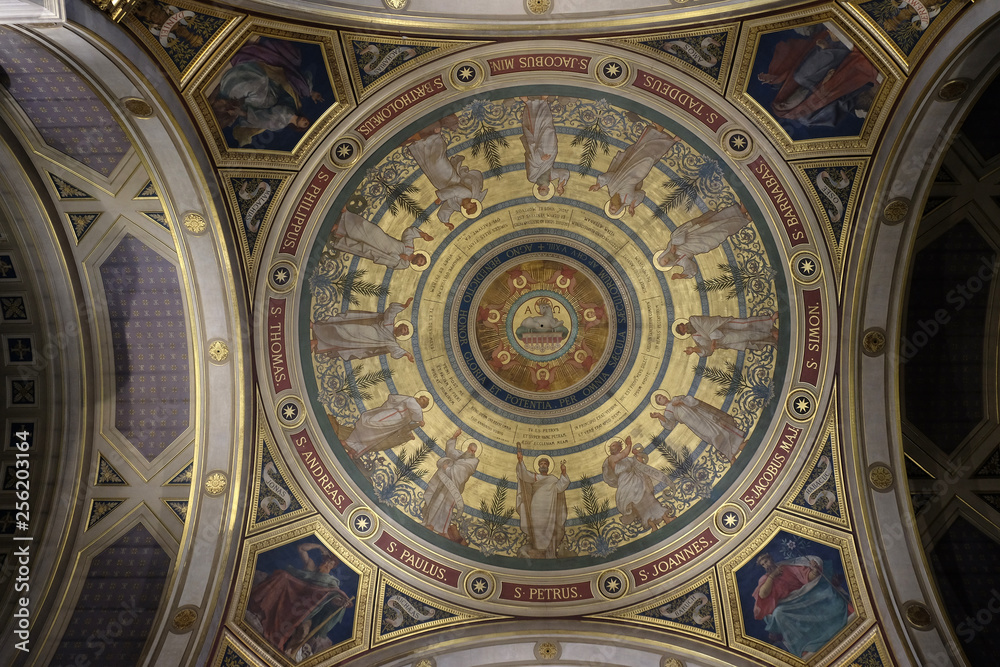 The painting of the cupola represents The Paschal Lamb and the Seven Seals, St Francis Xavier's Church in Paris, France 