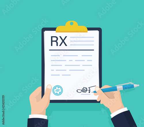 Man hold Rx prescription form. Medical prescription pad. clipboard with checklist. Questionnaire, survey, clipboard, task list. Flat design, vector illustration on background.