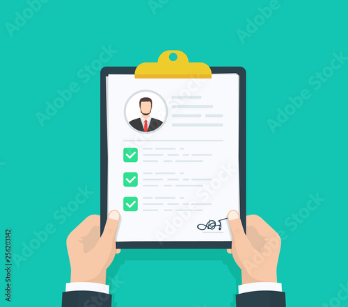 Man holding Resumes in hand. Concept of human resources management. Selecting staff and earching professional staff. Analyzing personnal resume. Flat design, vector illustration on green background.
