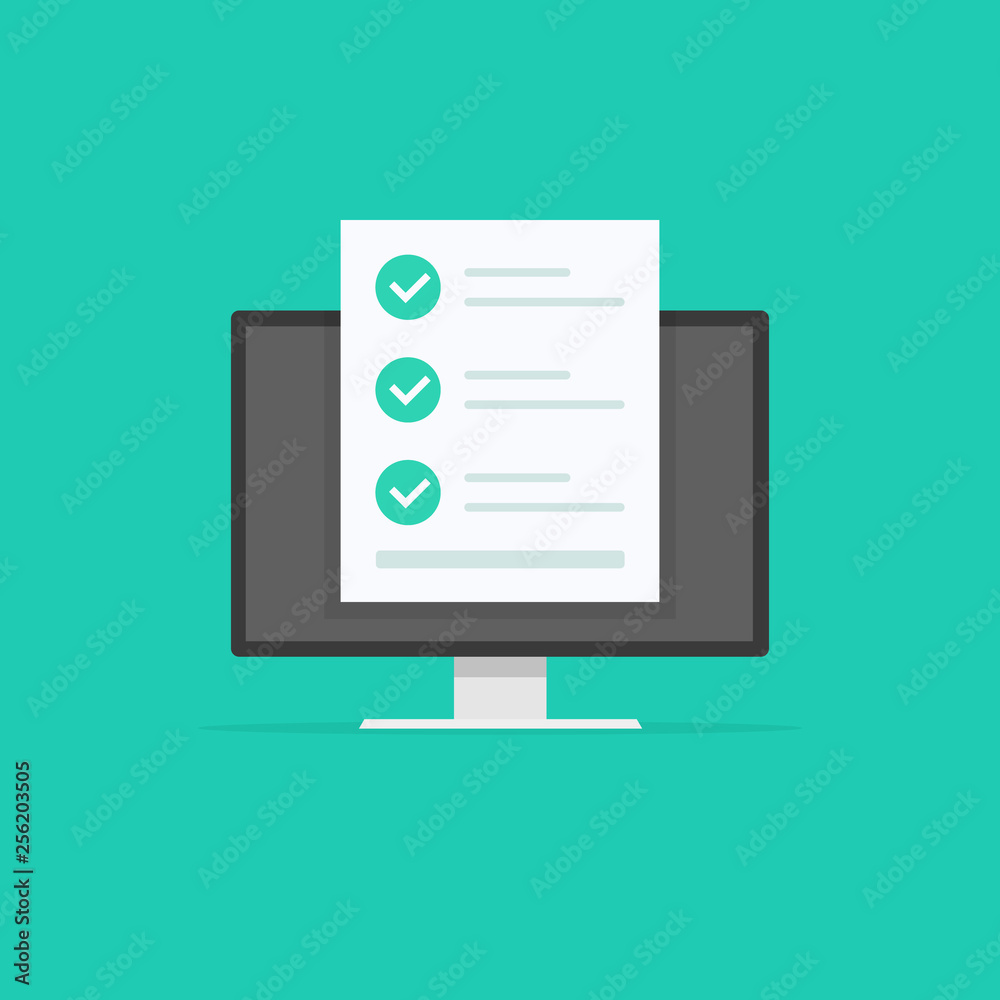 Online form survey, monitor with showing long quiz exam paper sheet document icon, on-line questionnaire results, check list or internet test. Vector illustration. Online form survey, monitor with showing long quiz exam paper sheet document icon, on-line questionnaire results, check list or internet test. Vector illustration.