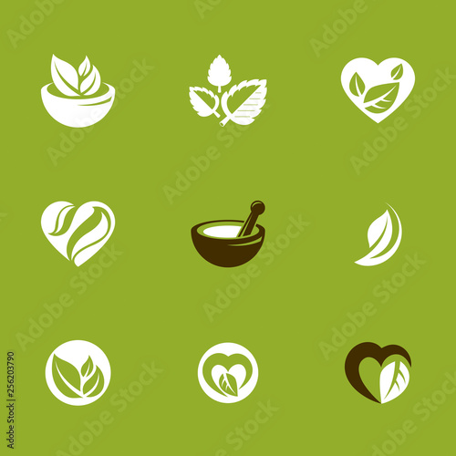 Phytotherapy metaphor, vector graphic emblems collection. Vegetarian lifestyle conceptual illustrations.