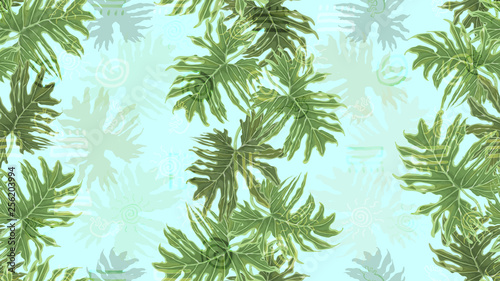 Exotic tropic leaves. Handmade seamless pattern. Design element for packaging  textile  wallpaper  cover. Monstera  palm tree  liana.
