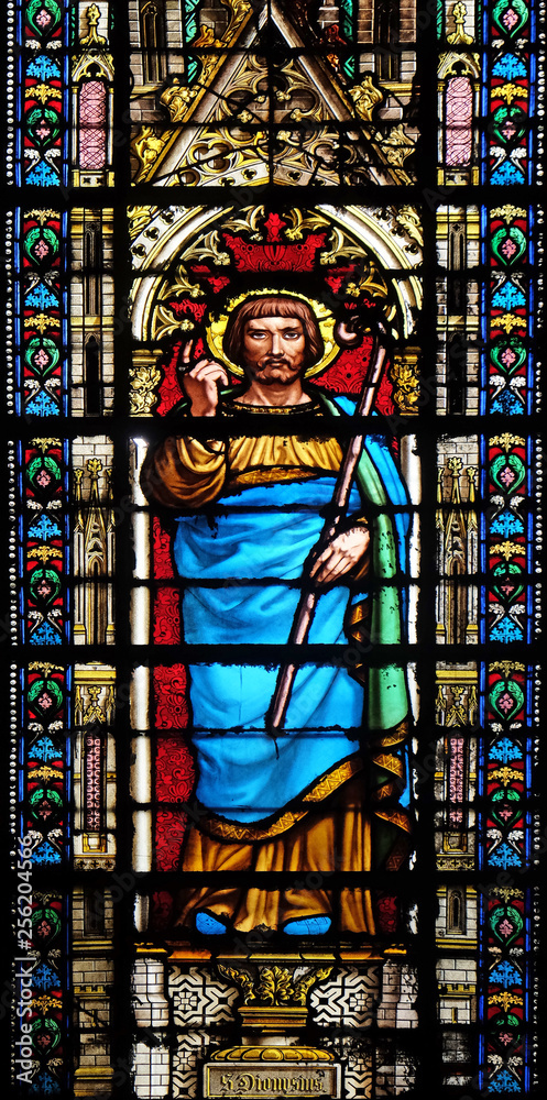 Saint Dionysius, stained glass window in the Basilica of Saint Clotilde in Paris, France