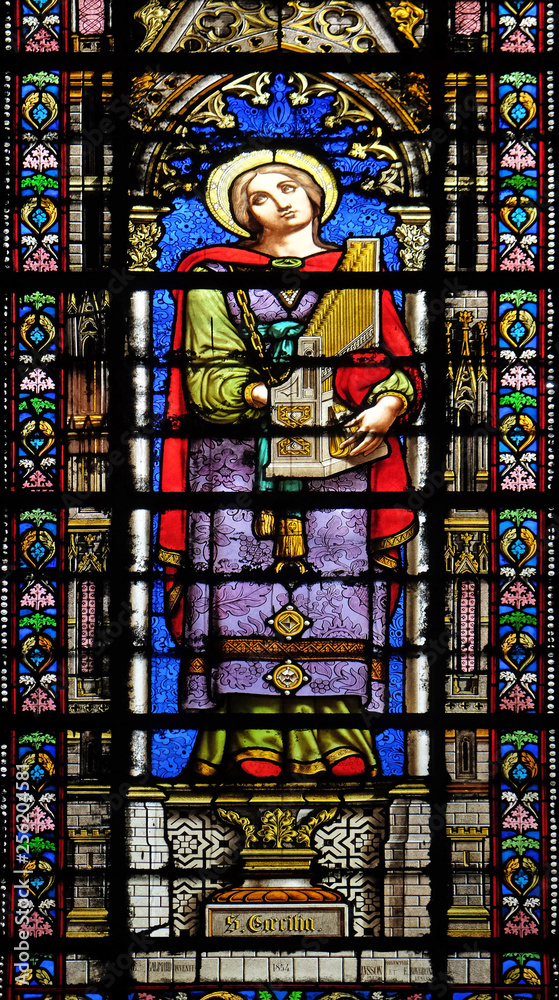 Saint Cecilia, stained glass window in the Basilica of Saint Clotilde in Paris, France 