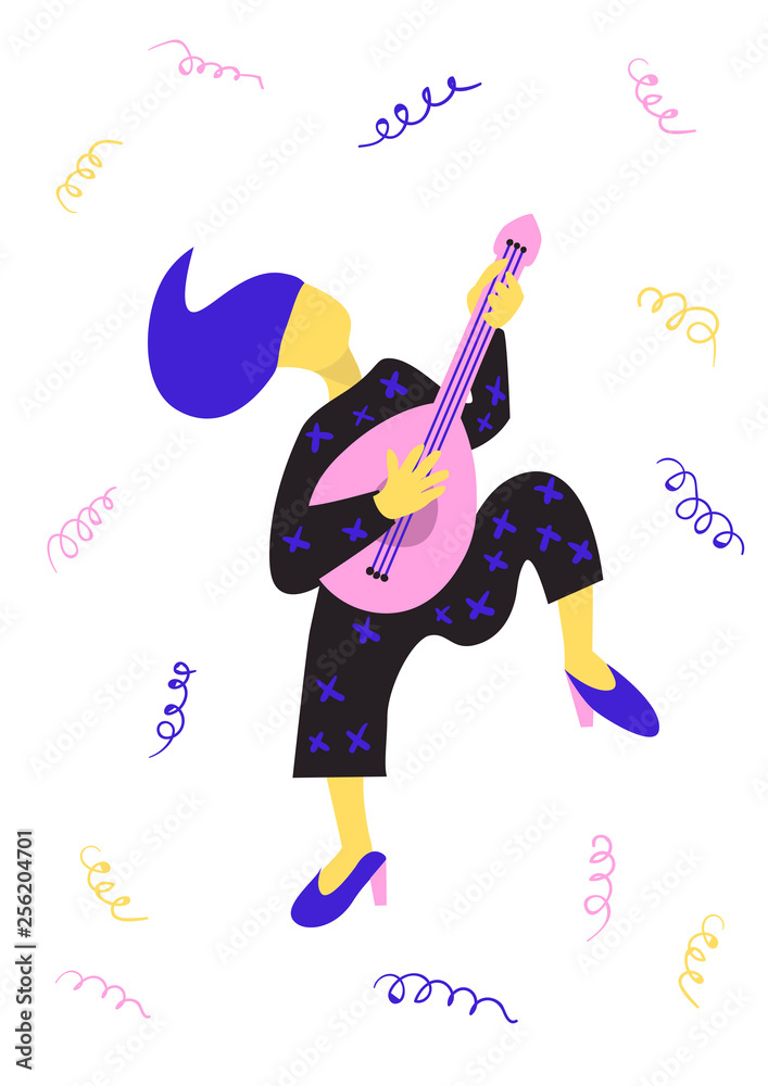 A fun and colorful vector illustration of a guitarist playing guitar. Dancing musician plays a musical instrument on a background of colored  spirals confetti.