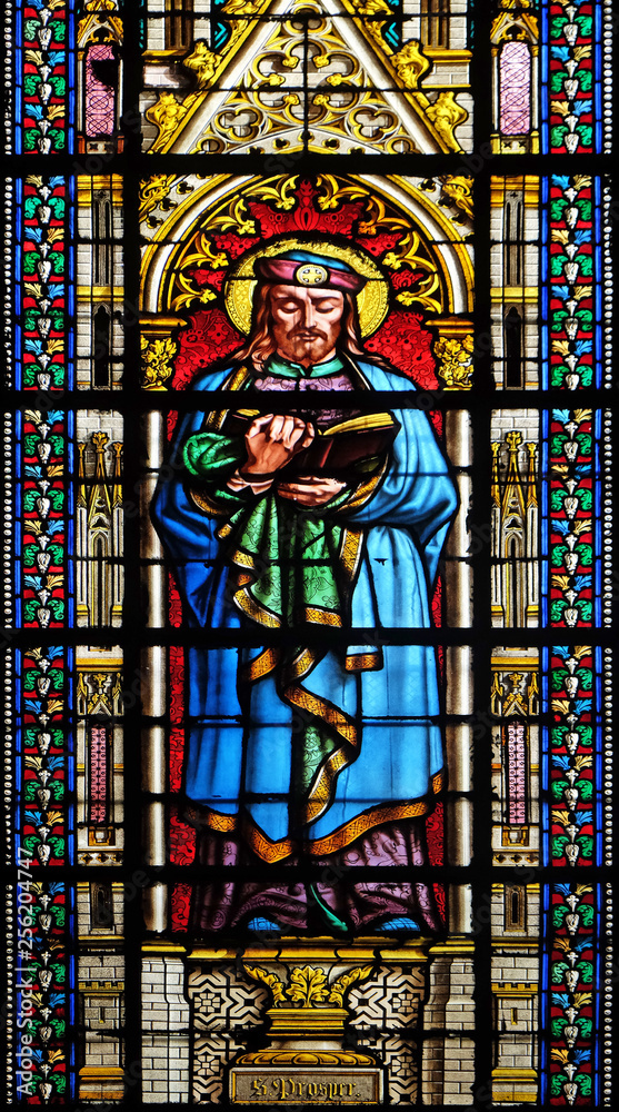 Saint Prosper, stained glass window in the Basilica of Saint Clotilde in Paris, France 