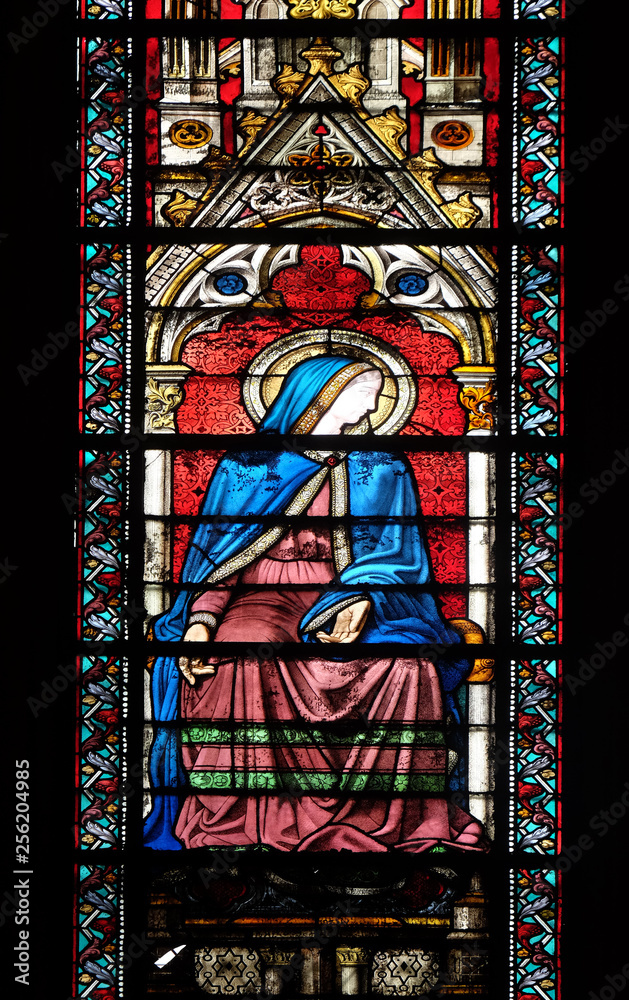 Virgin Mary, stained glass window in the Basilica of Saint Clotilde in Paris, France