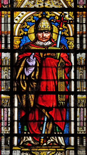 Saint Pope Gregory I, stained glass window in the Basilica of Saint Clotilde in Paris, France