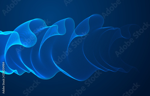 Vector abstract background with magic wave of flowing particles over dark, smooth curve shape lines, transparent tulle textile on wind. 3d shape dots magic blended mesh.
