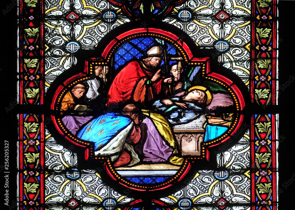 Death of Saint Louis, stained glass window in the Basilica of Saint Clotilde in Paris, France 