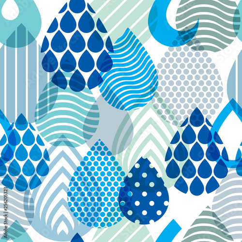 Falling rain drops water vector seamless pattern, blue colored repeat endless background, dew water dripping.