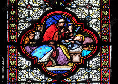 Death of Saint Louis, stained glass window in the Basilica of Saint Clotilde in Paris, France 