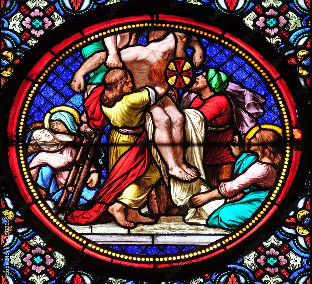 Deposition from the Cross, stained glass window in the Basilica of Saint Clotilde in Paris, France