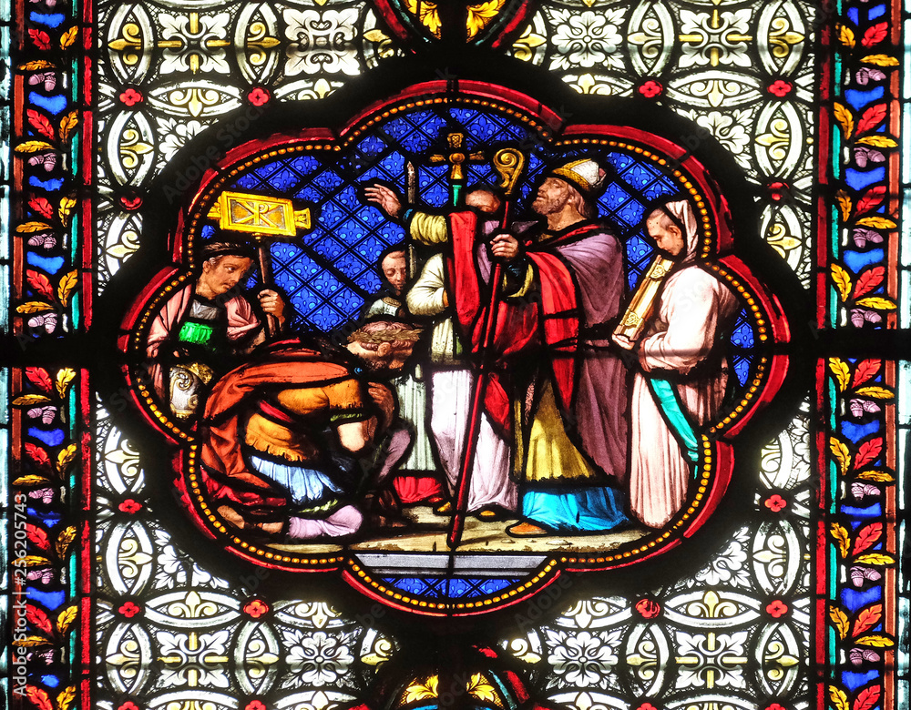 Baptism of Constantine after his victory over Maxentius, stained glass window in the Basilica of Saint Clotilde in Paris, France Baptism of Constantine after his victory over Maxentius, stained glass window in the Basilica of Saint Clotilde in Paris, France