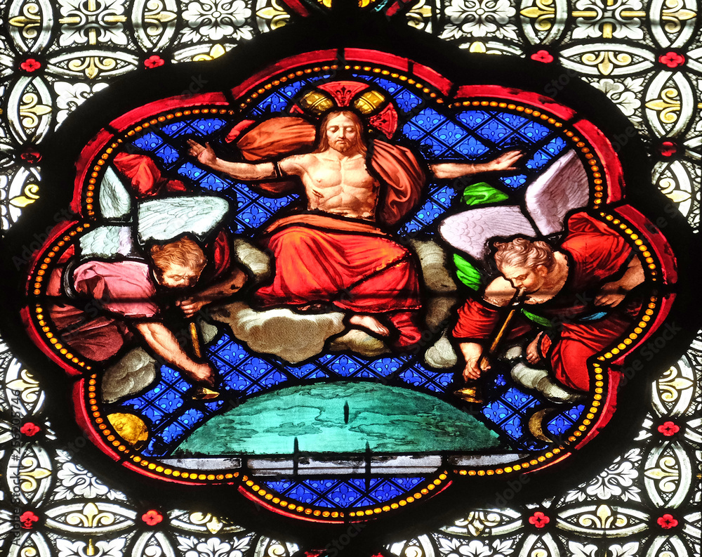 Christ blessing, stained glass window in the Basilica of Saint Clotilde in Paris, France 