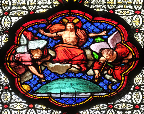 Christ blessing  stained glass window in the Basilica of Saint Clotilde in Paris  France 