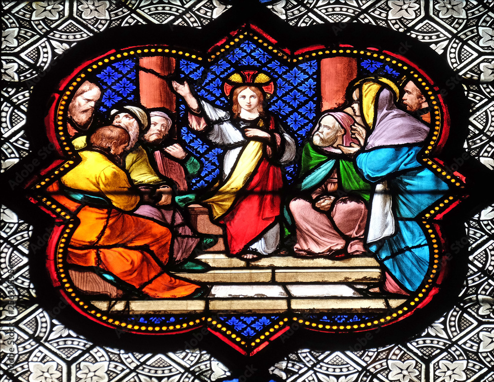 Jesus in the Temple, stained glass window in the Basilica of Saint Clotilde in Paris, France 