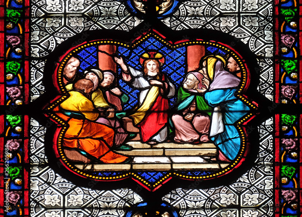 Jesus in the Temple, stained glass window in the Basilica of Saint Clotilde in Paris, France Jesus in the Temple, stained glass window in the Basilica of Saint Clotilde in Paris, France