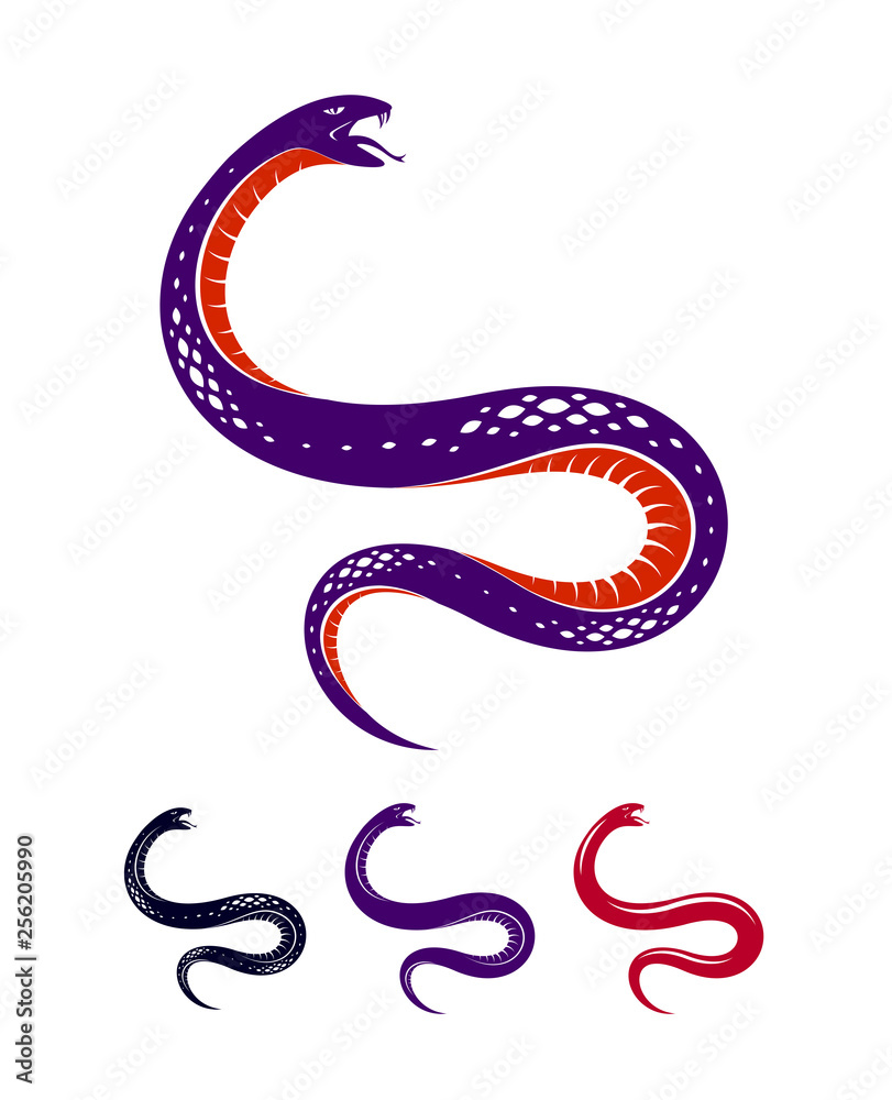 Naklejka premium Venomous snake vintage tattoo, vector drawing of aggressive predator reptile, deadly poisoned serpent symbol, vintage style illustration.