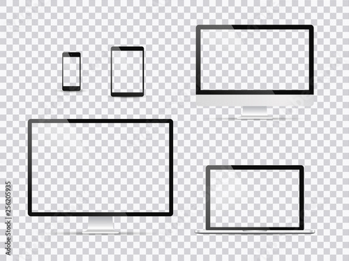 Electronic devices, web design vector template with laptop, tablet, smartphone, computer. Flat design, vector illustration on background.