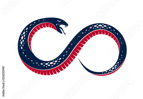 Ouroboros Snake in a shape of infinity symbol, endless cycle of life and death, ancient Uroboros symbol vector illustration, Serpent eating its own tale, logo, emblem or tattoo.