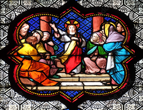 Jesus in the Temple  stained glass window in the Basilica of Saint Clotilde in Paris  France 