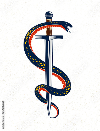 Snake and Dagger, Serpent wraps around a sword vector vintage tattoo, Roman god Mercury, luck and trickery, allegorical logo or emblem of ancient symbol.