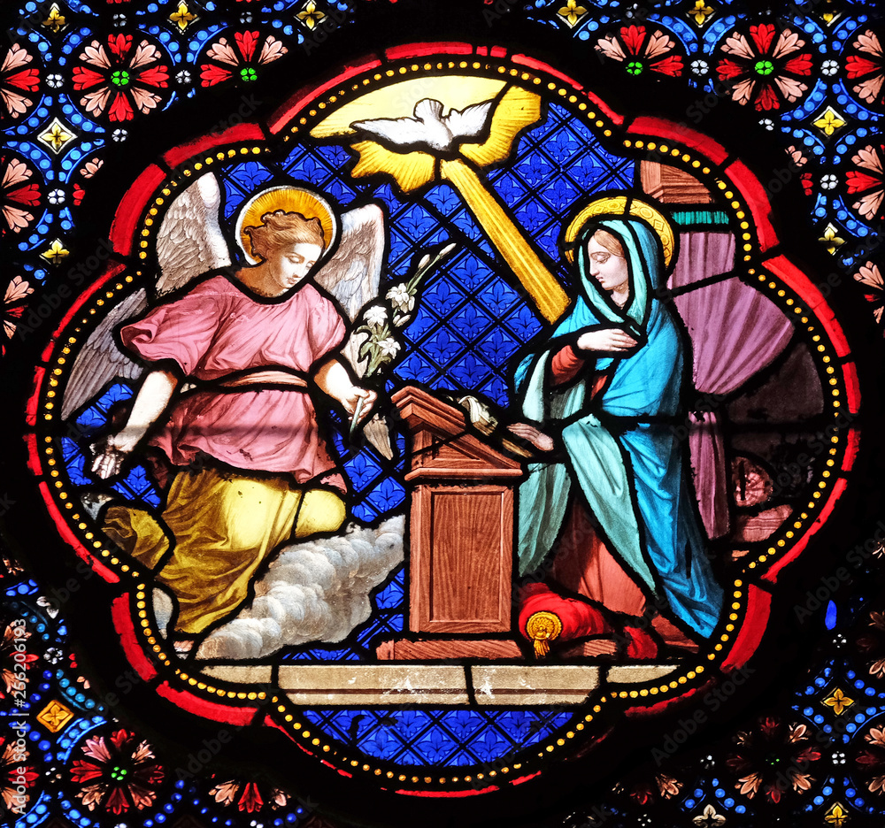 Annunciation of Mary, stained glass window in the Basilica of Saint Clotilde in Paris, France Annunciation of Mary, stained glass window in the Basilica of Saint Clotilde in Paris, France