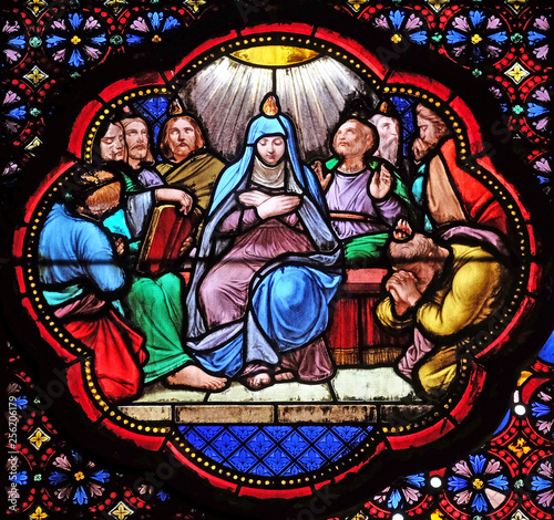 Descent of Holy Spirit, Pentecost , stained glass window in the Basilica of Saint Clotilde in Paris, France 