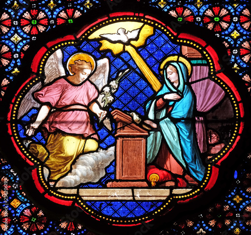 Annunciation of Mary, stained glass window in the Basilica of Saint Clotilde in Paris, France