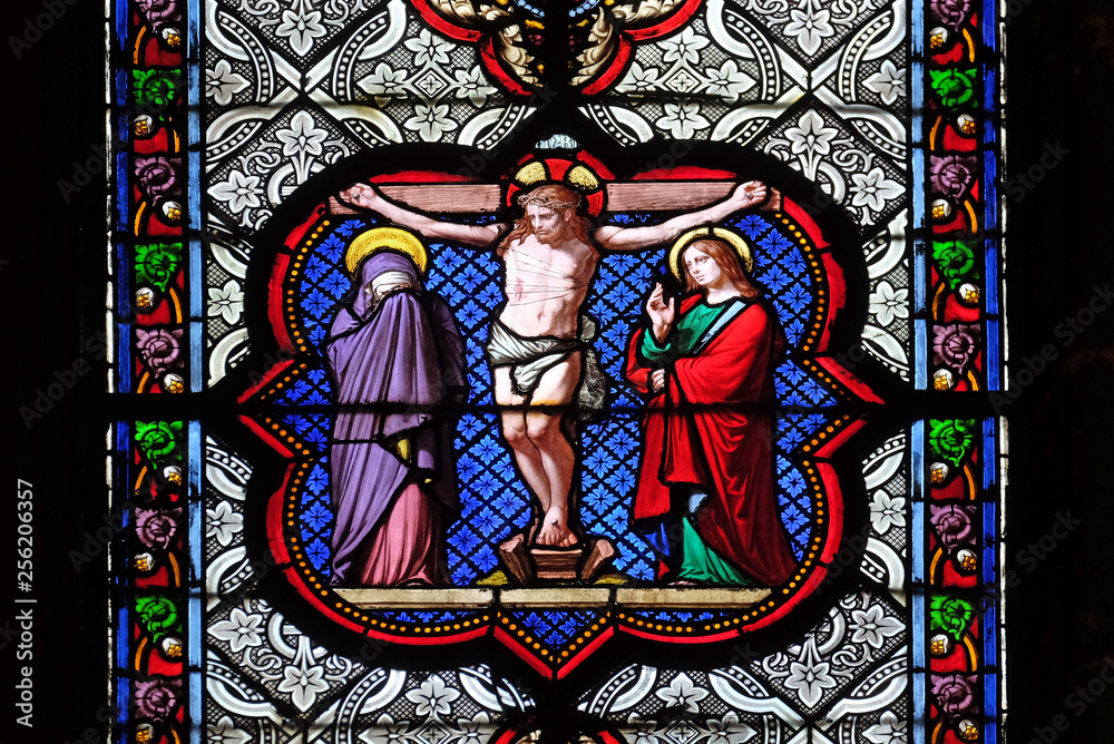 Crucifixion, stained glass window in the Basilica of Saint Clotilde in Paris, France Crucifixion, stained glass window in the Basilica of Saint Clotilde in Paris, France