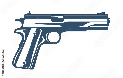 Gun vector illustration, detailed handgun isolated on white background.