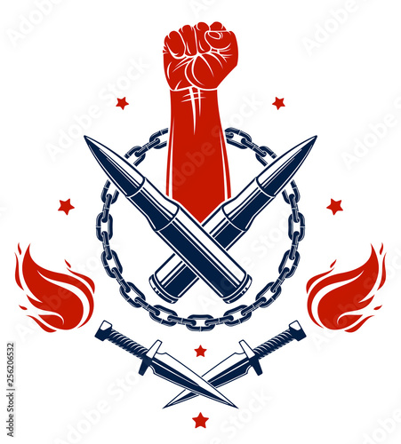 Anarchy and Chaos aggressive emblem or logo with strong clenched fist, weapons and different design elements , vector vintage style tattoo, rebel rioter partisan and revolutionary.